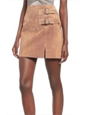 Blank NYC Suede Leather Mini Skirt Double Buckle Tan Size 31